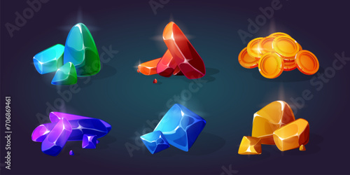 Mining game gemstones and money set isolated on background. Vector cartoon illustration of golden coins stack, piles of emerald, ruby, purple, blue, yellow stones, sparkling treasure, gui design