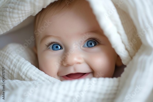 Baby with Blue Eyes Peeking from White Blanket