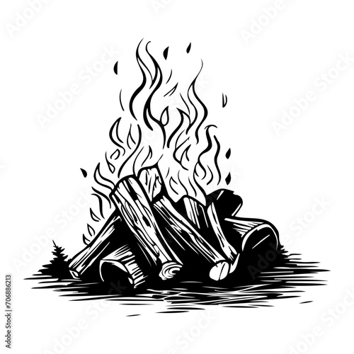 Burning bonfire with a large flame for camping, camping bonfire. Vector illustration of fire in sketch engraving style