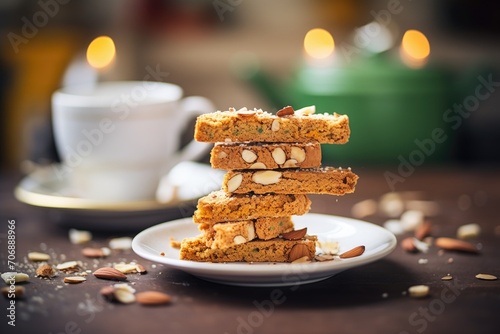 almond biscotti stack with coffee cup