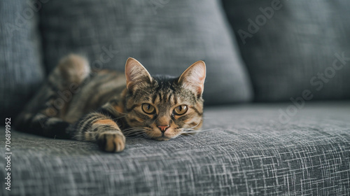 beautiful little cat on a grey sofa. AI Generative