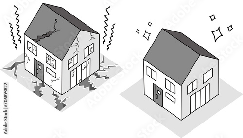 地震で損壊する住宅と耐震性のある住宅の比較イラスト（モノクロ）