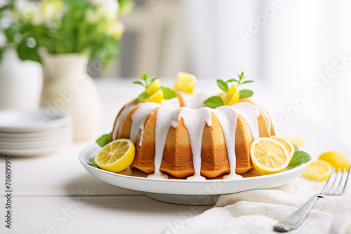 Round lemon pound cake baked in bundt cake mold with white glazing