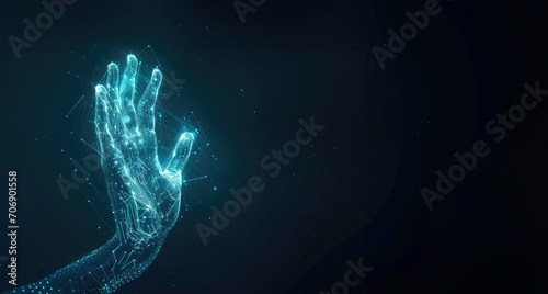 Holographic digital projection of a hand with copy space
