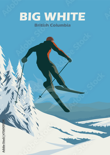 ski jumping at big white vintage poster illustration design, mountain skiing background design