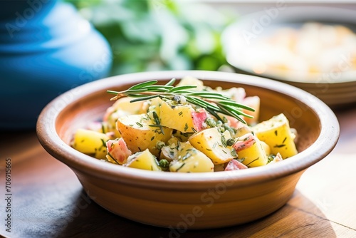 rustic potato salad in clay dish with rosemary sprig on side