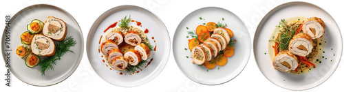 Chicken roulade neatly dressed on a plate, top view