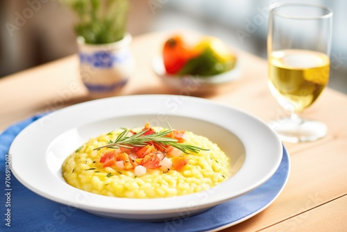 close-up of creamy risotto milanese in white bowl, garnished with saffron