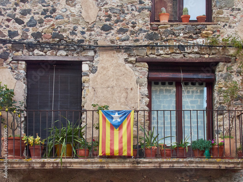 Catalan pro-independence flag tied on a balcony. Girona, Spain