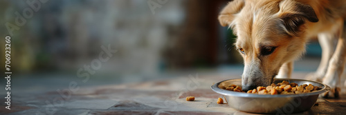 attentive dog beside food bowl on blurred stone background,dog eating , banner with space for text in a serene outdoor setting