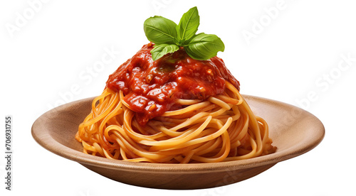 Delicious pasta spaghetti with tomato sauce garnished with a fresh basil leaf, cut out