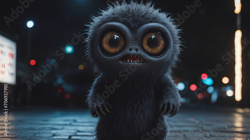 very cute, realistic grey monster whit many eyes standing in background complete black, unsettling, wide angle, night time, shot on Leica