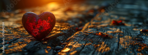 single red heart on a wooden bridge illustrating a romance concept