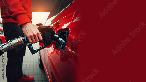 A guy fills his red car with fuel, banner for advertising, copy space