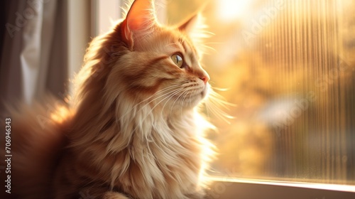 Cute cat relaxes on a window sill and looks out of the window with curiosity, in the rays of the warm, spring sun.