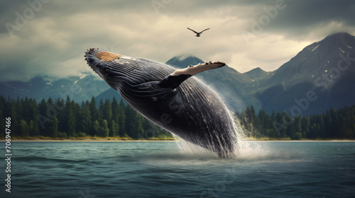Jumping Humpback Whale Over the Water Photo Wallpaper