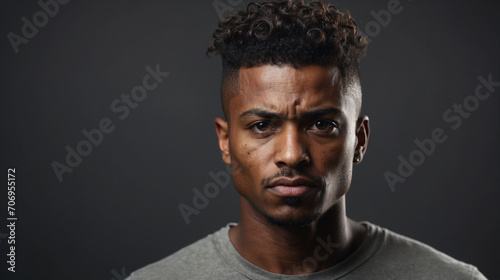 Transgender dark-skinned guy with makeup posing on grey background. Close-up. Masculine and feminine characteristics in one person. Gender identity concept