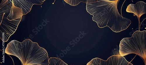 Abstract luxury art background with ginkgo leaves in gold line art style. Botanical banner for decoration design