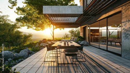 The terrace of a modern house and hotel. Luxury outdoor dining table with chairs