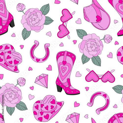 Howdy 14 February cowgirl heart shape accessories hat boots shades horseshoe rose vector seamless pattern. Saint Valentines Day romantic love background.