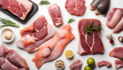 Top view of various raw meats and fish on white background, carnivore diet concept