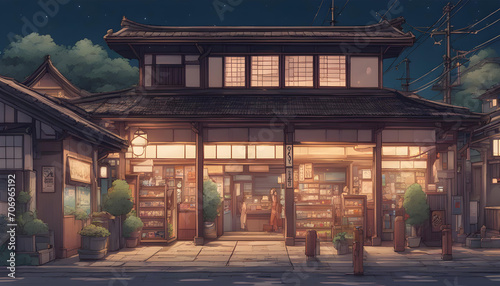 a beautiful japanese village town at night. train station with shop. anime comic art style. cosy lofi asian architecture.