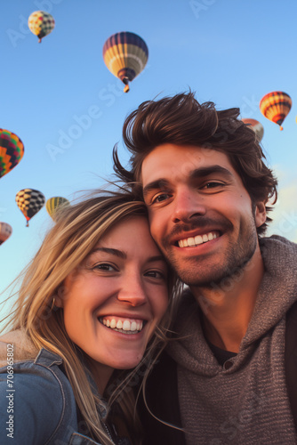 Happy couple of young man and woman taking selfie picture with hot air balloons in background. Concept of people and travel in scenic famous destination together. Journey lifestyle. Outdoor leisure