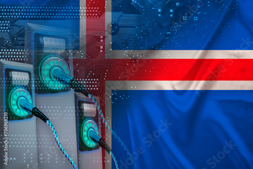 Iceland national flag, replenish battery charging station, alternative energy development concept, electric vehicle production, global business, 3d illustration, rendering