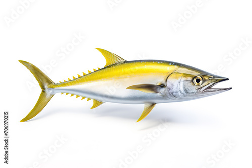 Image of a yellow tail kingfish isolated on white background. Fresh fish. Underwater animals. Generative AI.