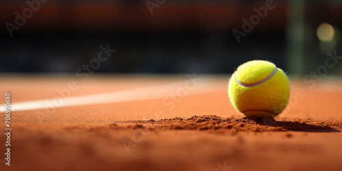 Tennis ball on tennis court, Tennis ball lying on white line on tennis court on sunny day, 