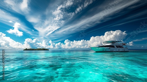 A luxurious yacht set against the vibrant turquoise ocean, under a sky of deep blue with streaks of white clouds, and a panoramic view of a distant, verdant tropical island