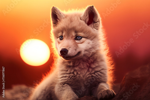White wolf cub with sunset background, in the style of warm color palette, backlight, wimmelbilder, close up, dau al set, light maroon and yellow, large canvas format