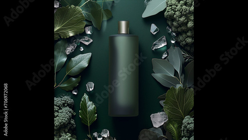 a mockup of a floating frosted dark olive green bottle. the background is a luxury dark emerald color. it consists of leaves and crystals. luxury, elegant, minimal