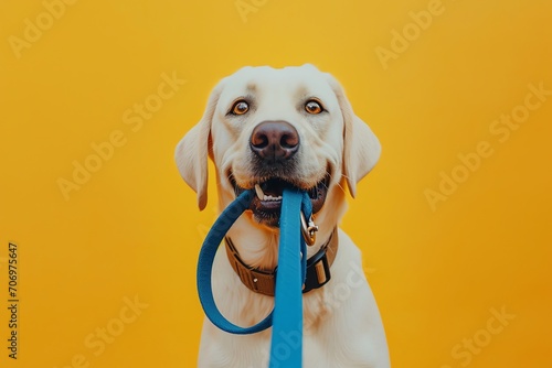 Adorable dog holding leash in mouth on yellow background