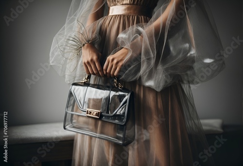 a woman in a sheer dress with a transparent handbag