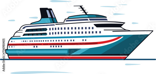 Cruise ship illustration on water with waves. Modern vessel design, maritime travel theme. Luxury ocean liner at sea vector illustration.
