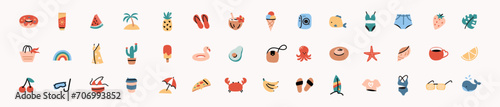 Collection of summer icons, various vacation items. Set of illustrations in flat cartoon style