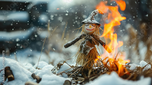 burning of the Maslenitsa straw effigy, farewell to winter, carnival, bonfire, holiday, shrovetide, traditional pagan rite, folk festival, fire, flame, people, doll, symbol, handmade, scarecrow, macro