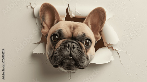 Adorable French Bulldog Playfully Peeking Through Paper Wall