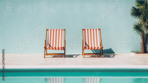 minimalist image, two sunbeds near a blue pool