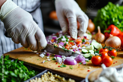 Chef cutting vegetables on the table in a restaurant