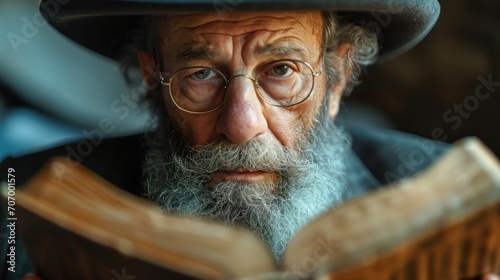 Portrait of an old jewish man with a long gray beard and mustache in a hat reading a book