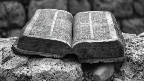 Bible on a stone background. Black and white photo of an old book.