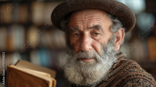 Portrait of an old jewish man with a book in his hands in library.