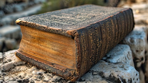 Old book Tora on the stone background, close-up, vintage style. Holy Book at the Western Wall in Jerusalem.