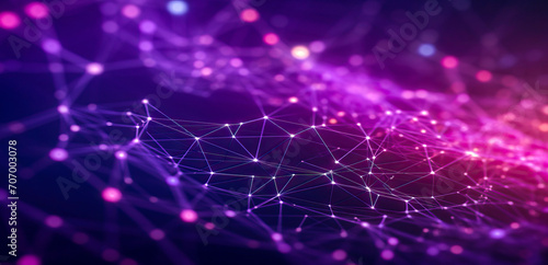 Banner with violet-pink abstract background with a network grid and particles connected.Sci-fi digital technology with line connect network and data graphic background. Abstract polygonal wallpaper