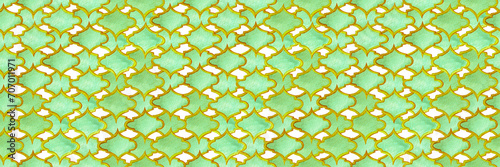 Quatrefoil Seamless Pattern for Header. Green and Teal Geometric Morrocan Tile. Lattice Marrakesh Watercolor Header. Damask Print. Rhombus Majolica Background. Barbed Watercolour Trellis.