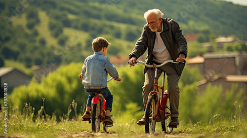 Happy family grandfather teaches boy grandson to ride a bike in summer park in nature