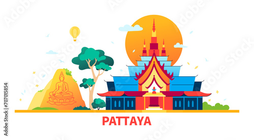 Sunrise in Pattaya - modern colored vector illustration with Wat Phra Kaew and Khao Chi Chan - the Buddha Mountain. Ancient sights and temples of Thailand, tropical nature, tourist summer idea