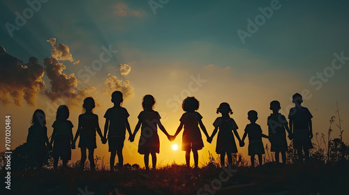 Silhouette back refugee kid group.Responsible.Kid child boy and girl worship.World kids day, Pray and worship, Hope, freedom, Diverse, Faith.World refugee day.Juneteenth kid.Friends.Potential unlock.